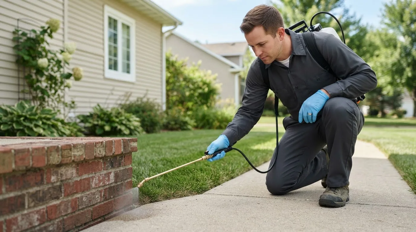 Pest control technician treating a home near Portland, NY