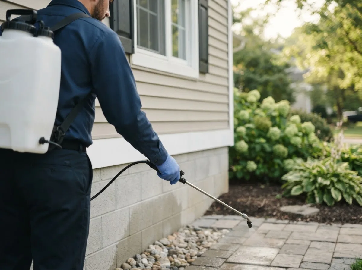 Pest control technician inspecting a home in Portland, NY